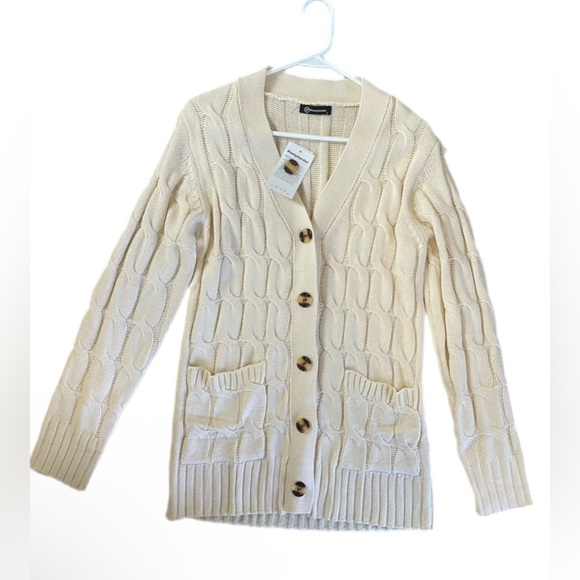 PrettyGarden Cable Knit Button Down Chunky Cardigan Sweater Small White Long - Picture 11 of 12